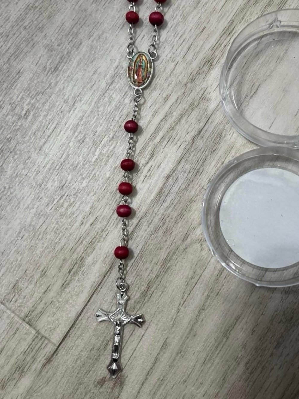 Red Bead Catholic Rosary Necklace with Silver Cross
